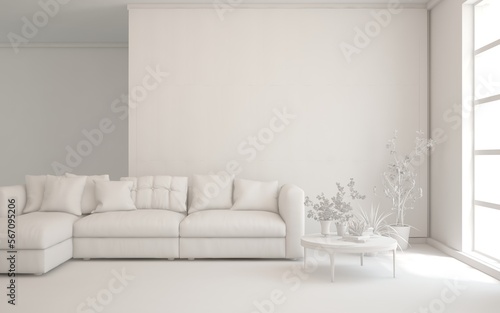 White minimalist living room with sofa. Scandinavian interior design. 3D illustration