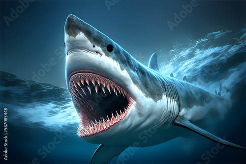 dangerous great white shark monster open mouth and big teeth generative ai illustration