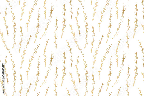 golden seamless willow catkins twigs pattern; spring, Easter background- vector illustration