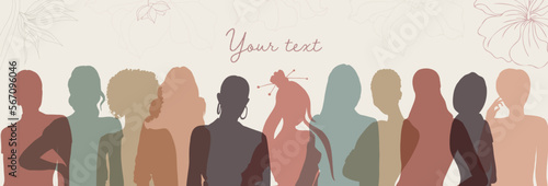 Group of multicultural diversity women and girls - face front view silhouette. Women’s day. Female social community of diverse culture. Racial equality. Colleagues. Empowerment or inclusion