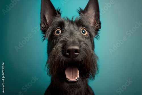 Studio portrait of a scottish terrier dog with a surprise, concept of Posed Photography and Pet Portrait, created with Generative AI technology