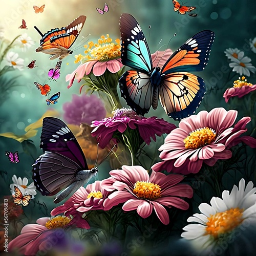 Beautiful butterflies fllying in a colourful garden
