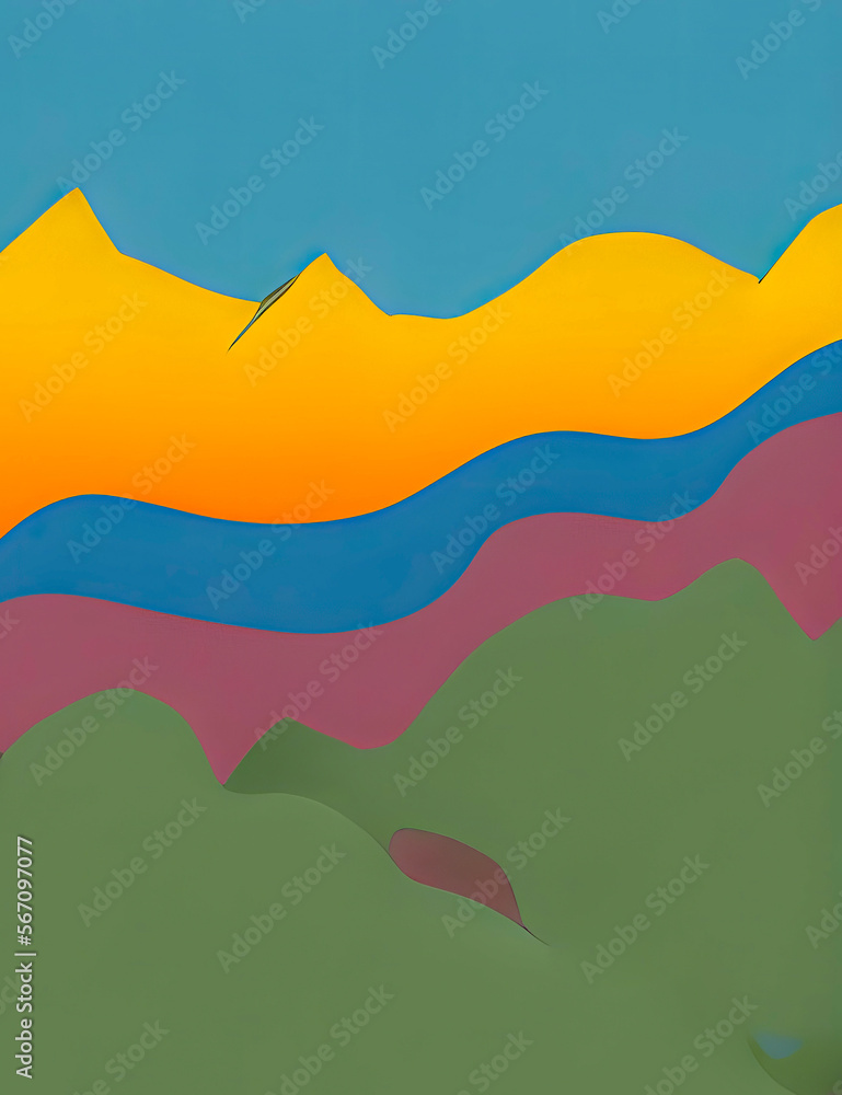 Illustration of a mountain landscape in 2D flat style. Simplified depiction of outdoor landscape made with generative AI technology.
