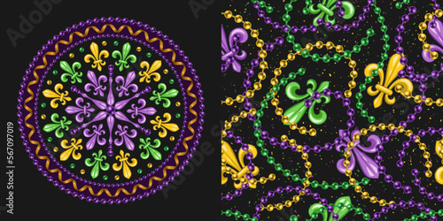 Set of round ornament, seamless pattern for Mardi gras carnival decoration. Fleur de lis, ribbons, string of beads, on dark textured background. For prints, clothing, t shirt, holiday goods, stuff