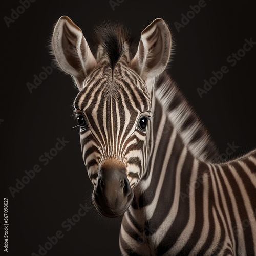 Photoshoot of a little zebra. Beautiful funny baby zebra on dark background. Generative AI
