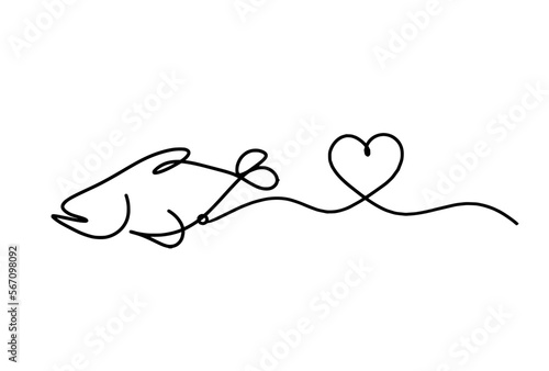 Silhouette of fish and heart as line drawing on white background