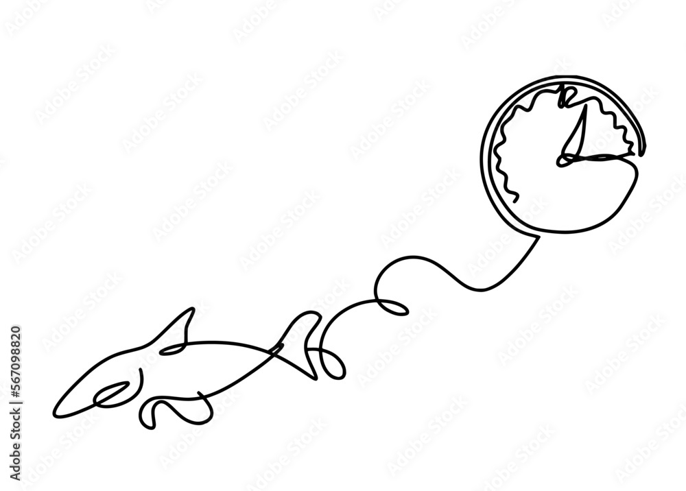 Obraz premium Silhouette of fish and clock as line drawing on white background