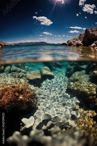 Mediterranean beach with sunlight. calm sea scuba diving in the crystal clear water - Generative AI