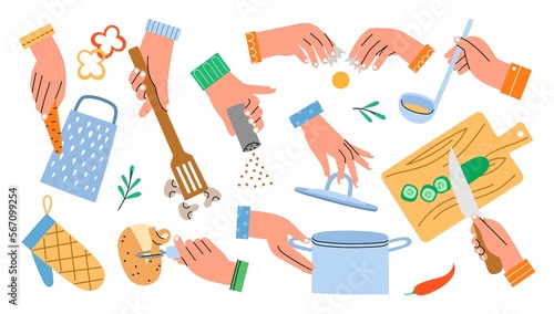 human arms hold kitchen accessories. Preparing food process, hands cutting vegetables on board, peeling potatoes, cooking time, vector set © Vectorcreator