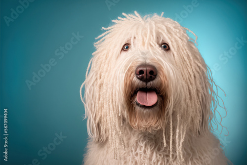 Studio portrait of a komondor dog with a surprised face, concept of Loyalty and Alertness, created with Generative AI technology photo