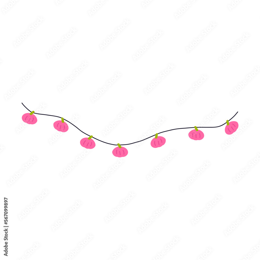 Garland for Halloween party decoration, cartoon flat vector illustration isolated on white background. Decorative pumpkins on string. Cute festive bunting. Garland for Halloween party decoration, cartoon flat vector illustration isolated on white background. Decorative pumpkins on string. Cute festive bunting.