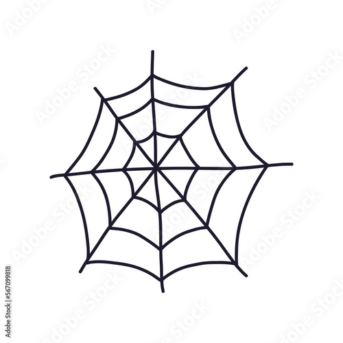 Spider web hand drawn cartoon flat vector illustration isolated on white background. Traditional Halloween decor element. Outline cobweb drawing.