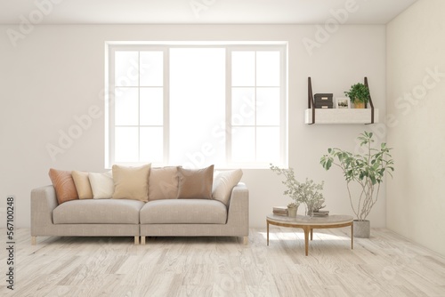 White living room with sofa. Scandinavian interior design. 3D illustration