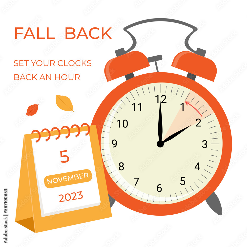 Daylight saving time ends concept banner. Fall Back time. Allarm clock with autumn leaves and calendar Daylight saving time ends concept banner. Fall Back time. Allarm clock with autumn leaves and calendar