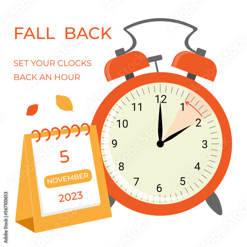 Daylight saving time ends concept banner. Fall Back time. Allarm clock with autumn leaves and calendar
