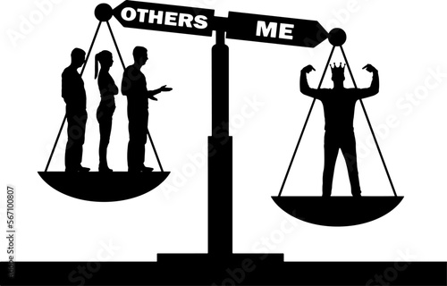 Selfish man with a crown considers himself better than a crowd on the scales of justice. Vector silhouette.