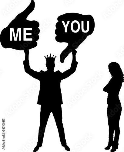 Selfish and arrogant man with a crown holding a like sign addressed to him and a dislike addressed to a woman. Vector Silhouette