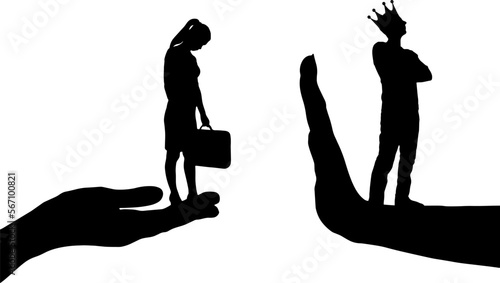 A distressed woman on a begging hand and an arrogant man with a crown standing on the stop hand. Vector Silhouette