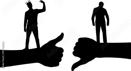An arrogant selfish man with a crown on his head points his finger at himself, considering himself better than other person. Concept of egoism, arrogance. Vector Silhouette