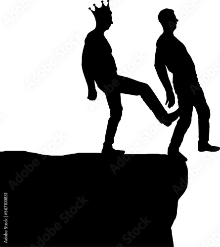 Selfish man with a crown is pushing the foot of his business partner into the abyss. Vector Silhouette