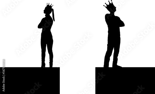 Precipice between a selfish man and a woman with a crown on his head, they stand with their backs to each other. Vector Silhouette