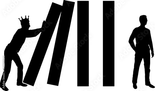 Selfish man with a crown on his head makes a domino effect in relation to the other man. Vector Silhouette