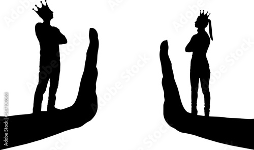 Arrogant people, woman and man with crown standing on stop hand gesture. Vector Silhouette