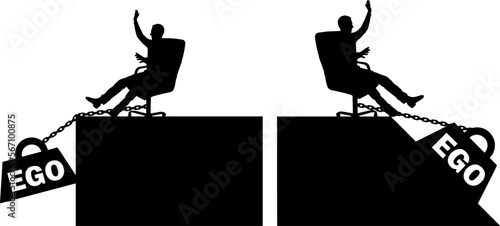 Silhouette of a selfish boss sitting in a chair and a heavy load of ego, pulling him into the abyss. Vector Silhouette