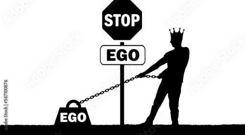 Silhouette of a selfish man with a crown on his head draws a heavy load - the ego and the stop sign of the ego. Vector Silhouette