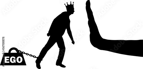 Silhouette of a selfish man with a crown on his head draws a heavy load - the ego and a large hand stop it. Vector Silhouette