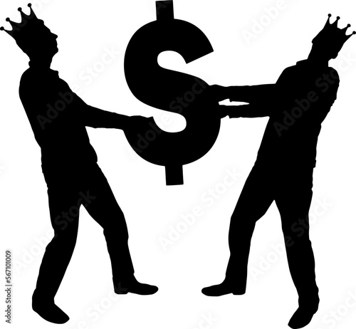 Two greedy and selfish men with crowns on their heads can not divide the dollar sign. Vector Silhouette