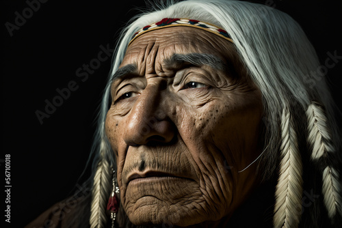 Portrait of old male native american on dark background,generative ai.