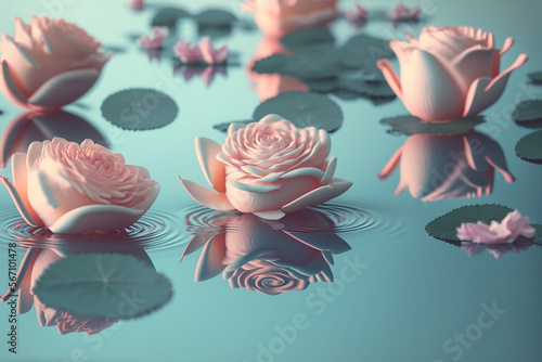 lovely pastel color roses floating on water flower petals, minimal floral love valentine's day,generative ai.