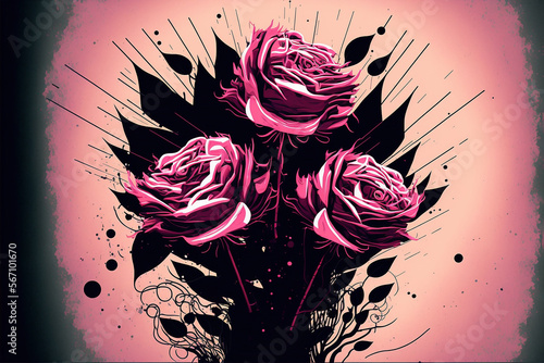 abstract deconstructed pink roses lowbrow pop surrealist style background,generative ai.