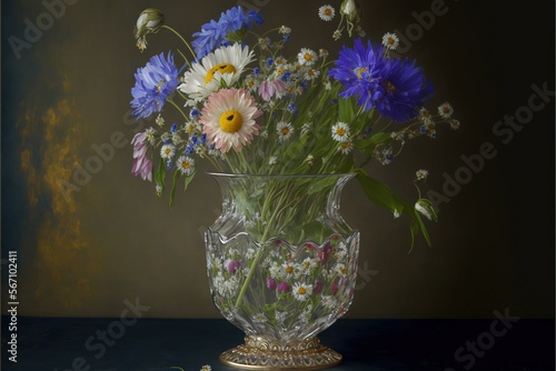 Wallpaper Mural  a glass vase filled with lots of different colored flowers on a blue tablecloth next to a brown wall with a gold frame around it.  generative ai Torontodigital.ca