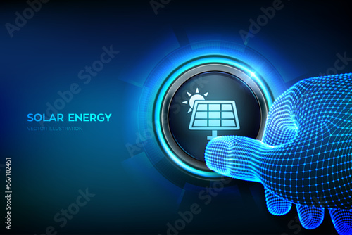 Solar energy. Solar PV panel power plant station icon. Renewable sustainable photovoltaic solar park energy generation concept. Closeup finger about to press a button. Vector illustration.