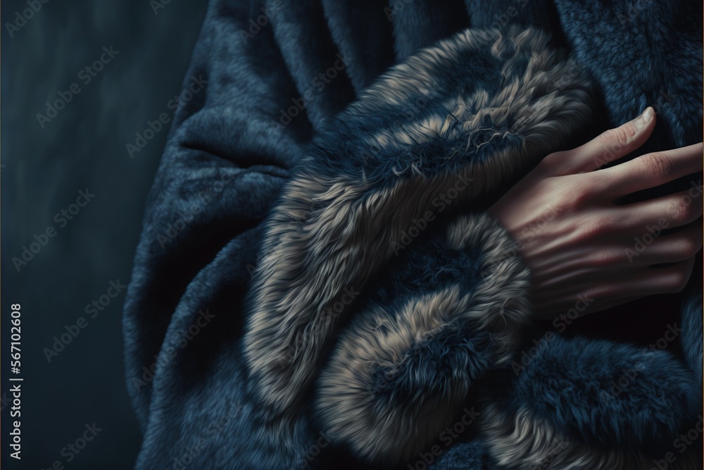 a woman's hand wrapped in a blue fur coat with a ring on her finger and a ring on her finger on her left hand. generative ai a woman's hand wrapped in a blue fur coat with a ring on her finger and a ring on her finger on her left hand. generative ai