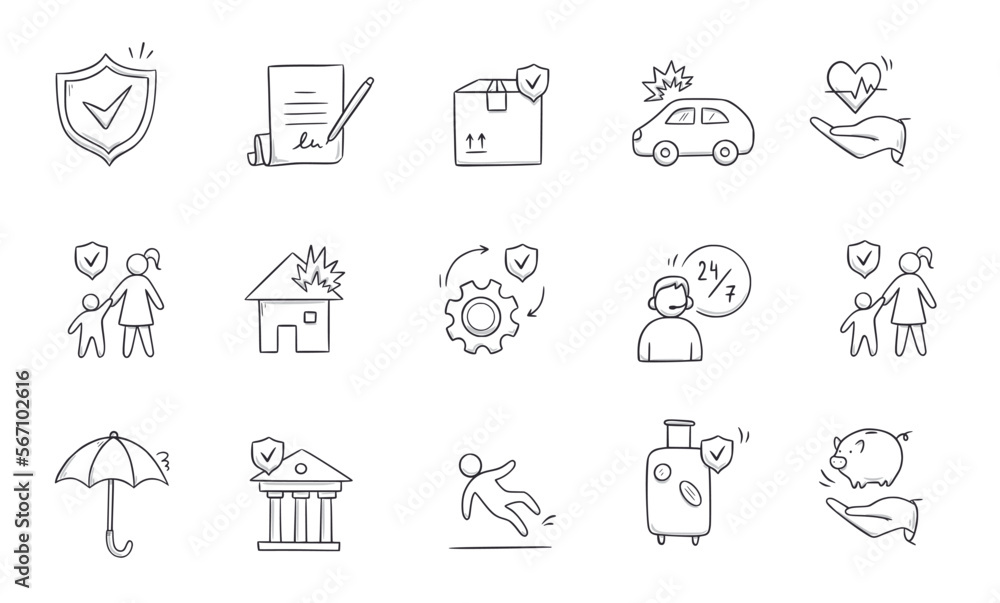 Insurance doodle icon set. Hand drawn sketch life shield, insurance umbrella, medical safety icon set. Health safety, car accident, house protect vector illustration. Insurance doodle icon set. Hand drawn sketch life shield, insurance umbrella, medical safety icon set. Health safety, car accident, house protect vector illustration.