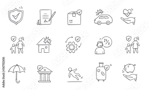 Insurance doodle icon set. Hand drawn sketch life shield, insurance umbrella, medical safety icon set. Health safety, car accident, house protect vector illustration.