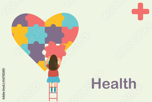 Wellness concept, transparent background. flat tiny person illustration. Health care team working together in unity and managing abstract heart puzzle jigsaw symbol. 