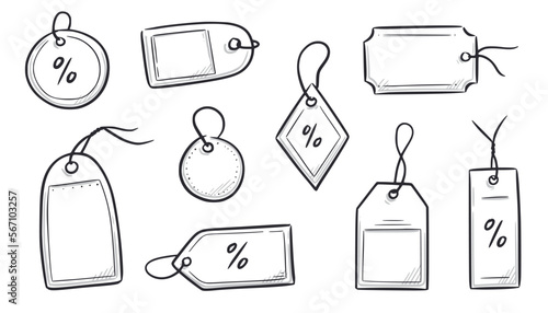 Price tag, gift label doodle element set. Price tag ribbon, discount label hand drawn sketch doodle style. Sale, present offer frame element. Vector illustration.