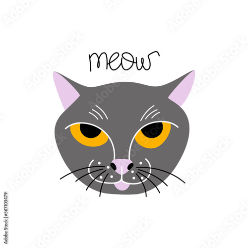 Cute hand drawn cat head isolated. Vector illustration of animal pet face