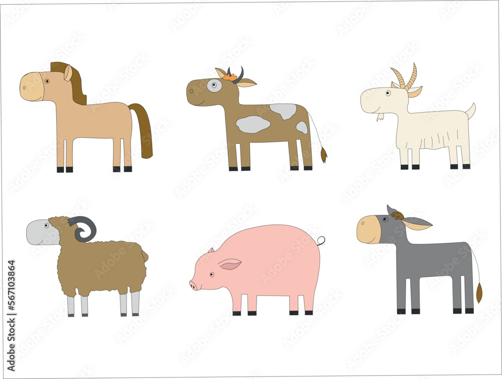 Farm animals set in flat style, isolated on white background. Cute cartoon animals collection: sheep, goat, cow, donkey, horse, pig. Vector illustration for the design of children's educational toys.