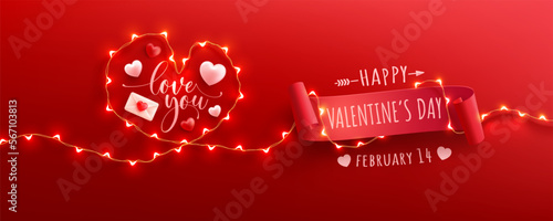 Happy Valentine's Day Poster or banner with symbol of heart from LED String lights and valentine elements on red background. Promotion and shopping template for love and Valentine's day concept.