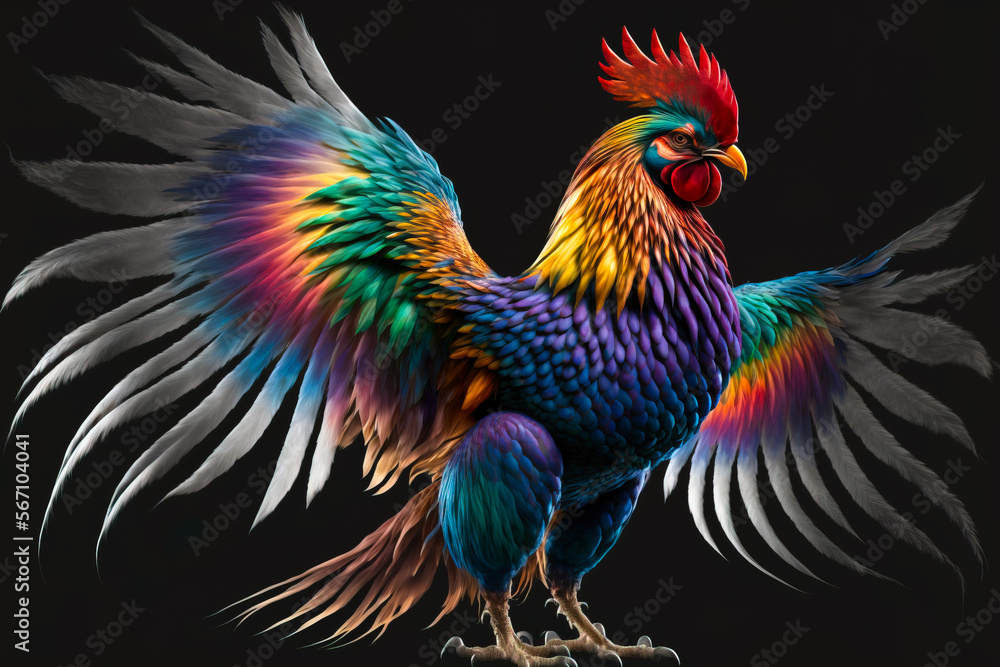 Rainbow colored ruster with wings spread out, Generative AI illustration Rainbow colored ruster with wings spread out, Generative AI illustration