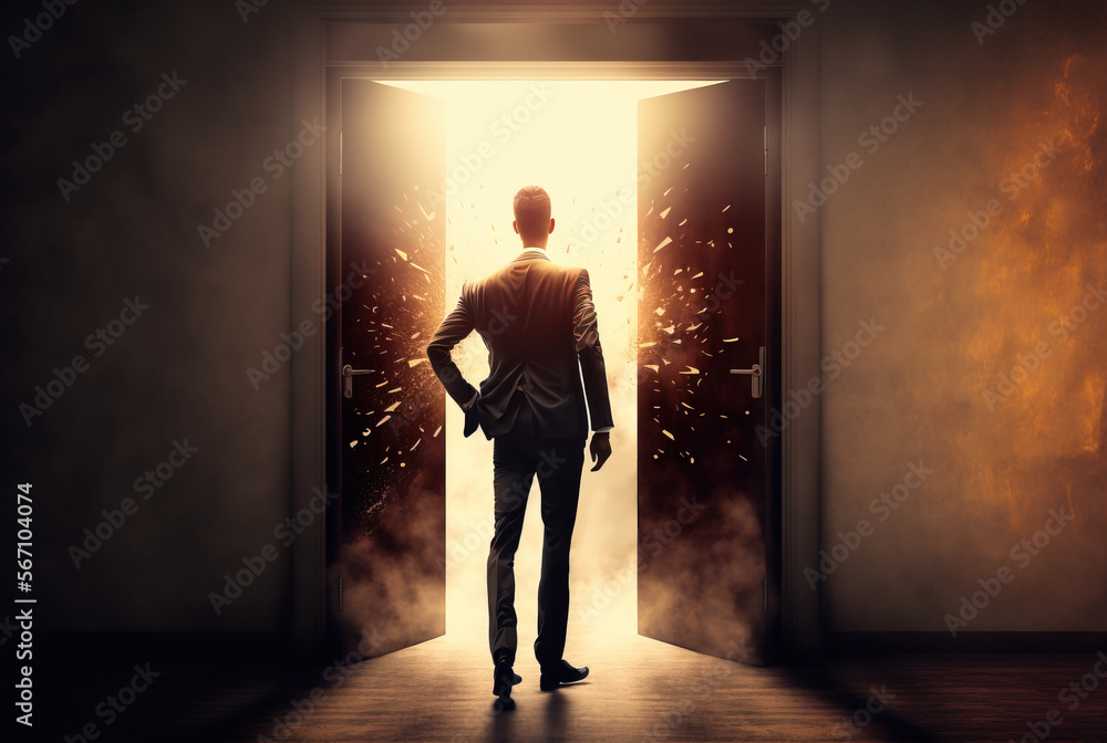 New opportunities concept, Businessman standing in front of open door, Generative AI illustration