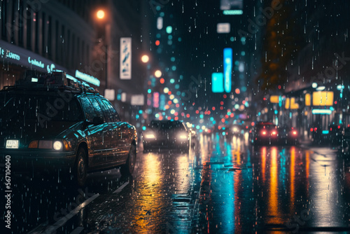 Out of focus Busy Street at night with heavy rain, Generative AI illustration © IBEX.Media