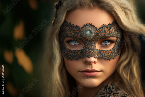 Beautiful blond woman wearing mask, GEnerative AI illustration