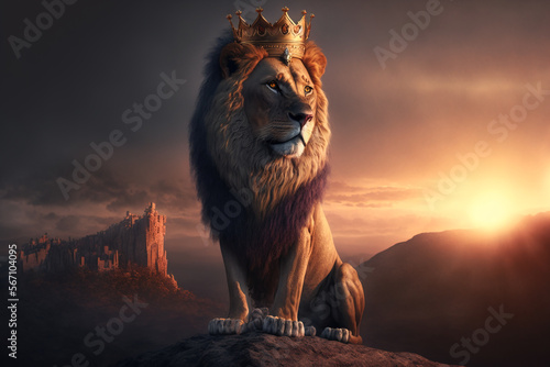Lion king wearing gold crown , Generative AI illustration