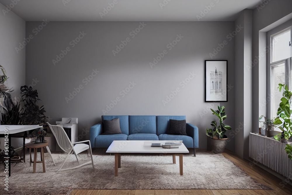 Fototapeta premium mock up poster frame in boho interior background, wooden living room design, Scandinavian style. Generative AI illustration